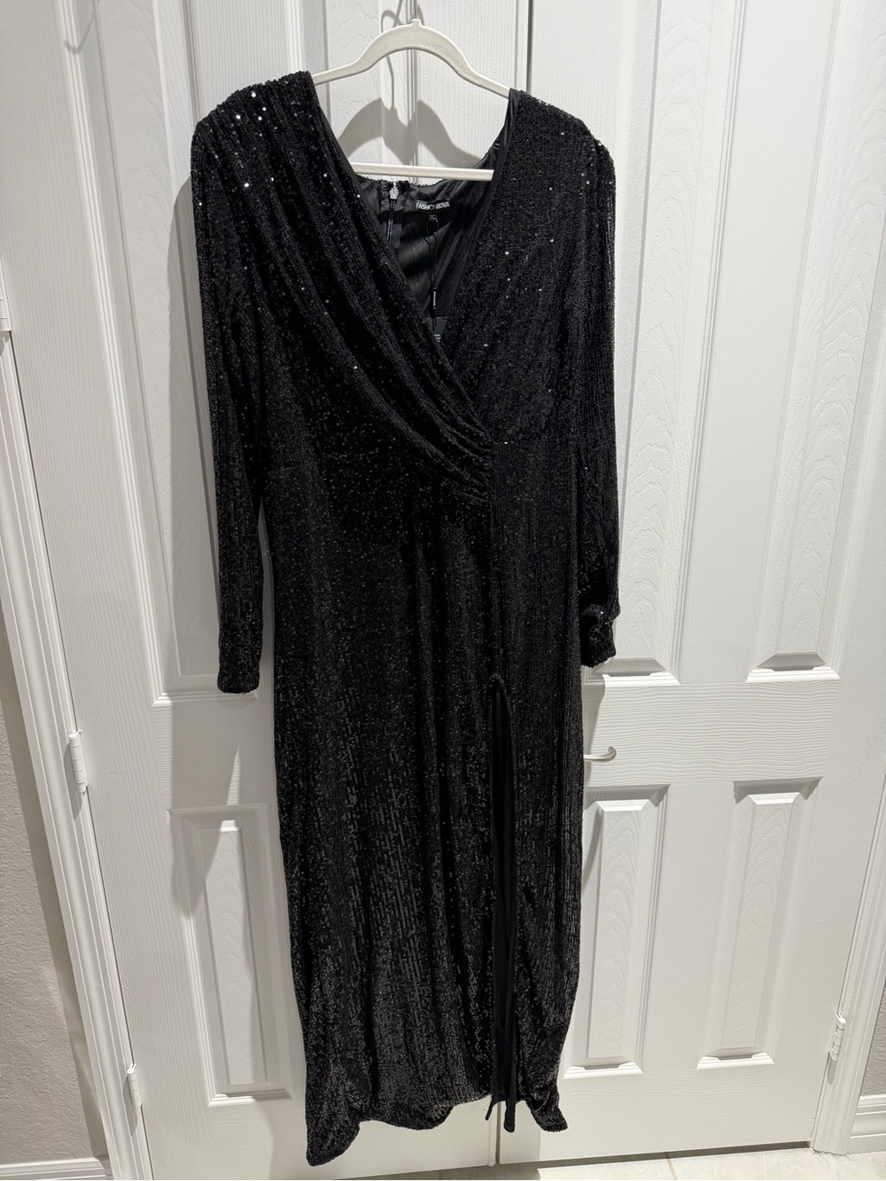 Fashion Nova Boujee Dinners Sequin Maxi Dress 2X Black NWT Long Sleeve Formal